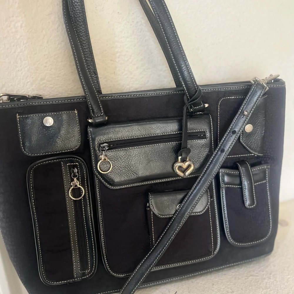 Brighton for Business Black Multi Pocket Canvas and Leather Laptop Tote Bag